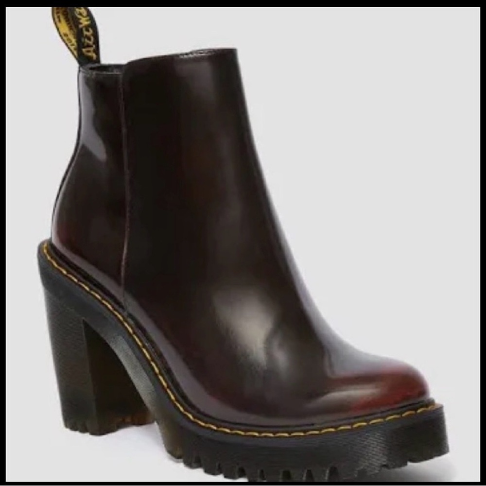 Dr. Martens cherry red leather stacked Heels casual work round toe Boots booties